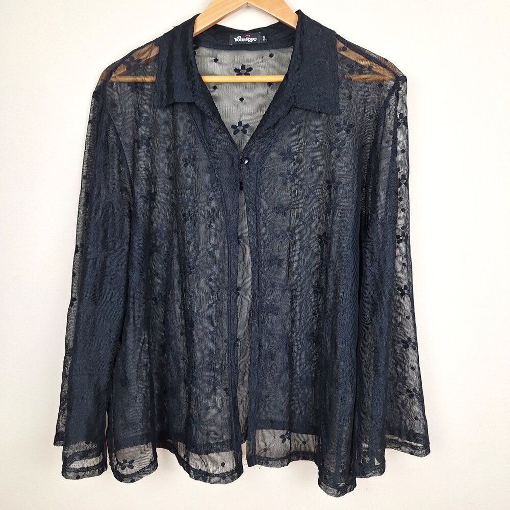 Ethereal Sheer Mesh Black Blouse, Plus Size 3X. Long Whimsigoth Flare Sleeves